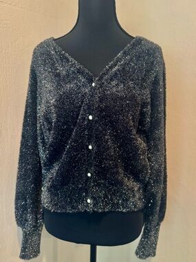 ON 34th Cropped Black Tinsel Sparkly Cardigan Great For Nightlife/Club /Party